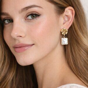 Melrose And Market Flower Drop Earrings Gold Tone Faux Pearl 1.25 In Nickel Free